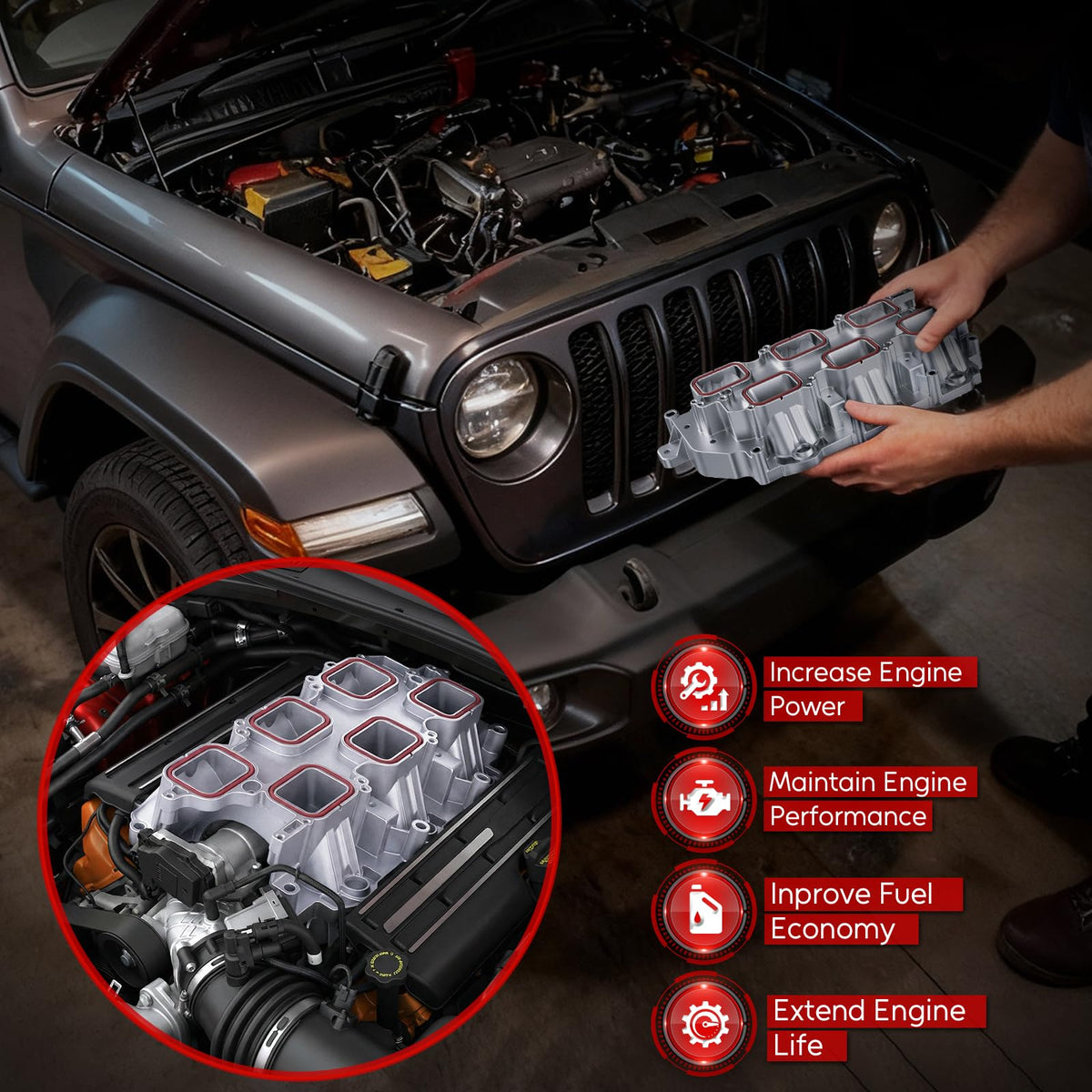 YITHSWAY manifold installed in engine bay illustrating direct replacement convenience