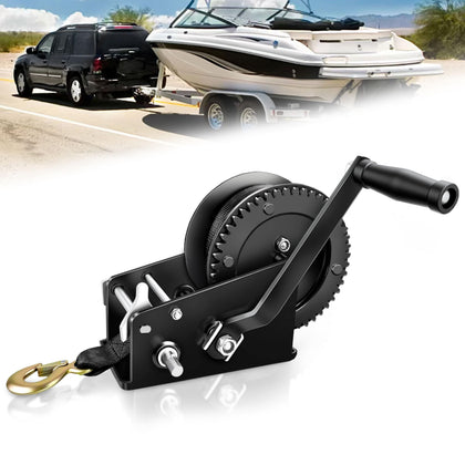 YIYITOOLS winch front profile showing mounting base and strap, durable towing benefit