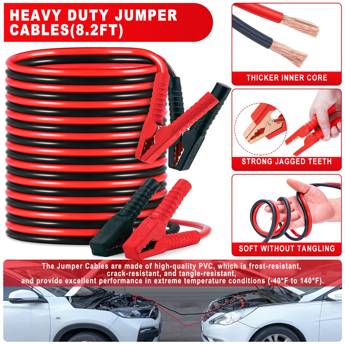 YJUSMAK jumper cables closeup showing copper clamps for reliable starts