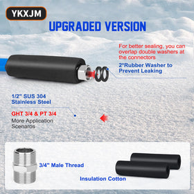 YKXJM hose connected to an RV spigot showing uninterrupted winter water supply