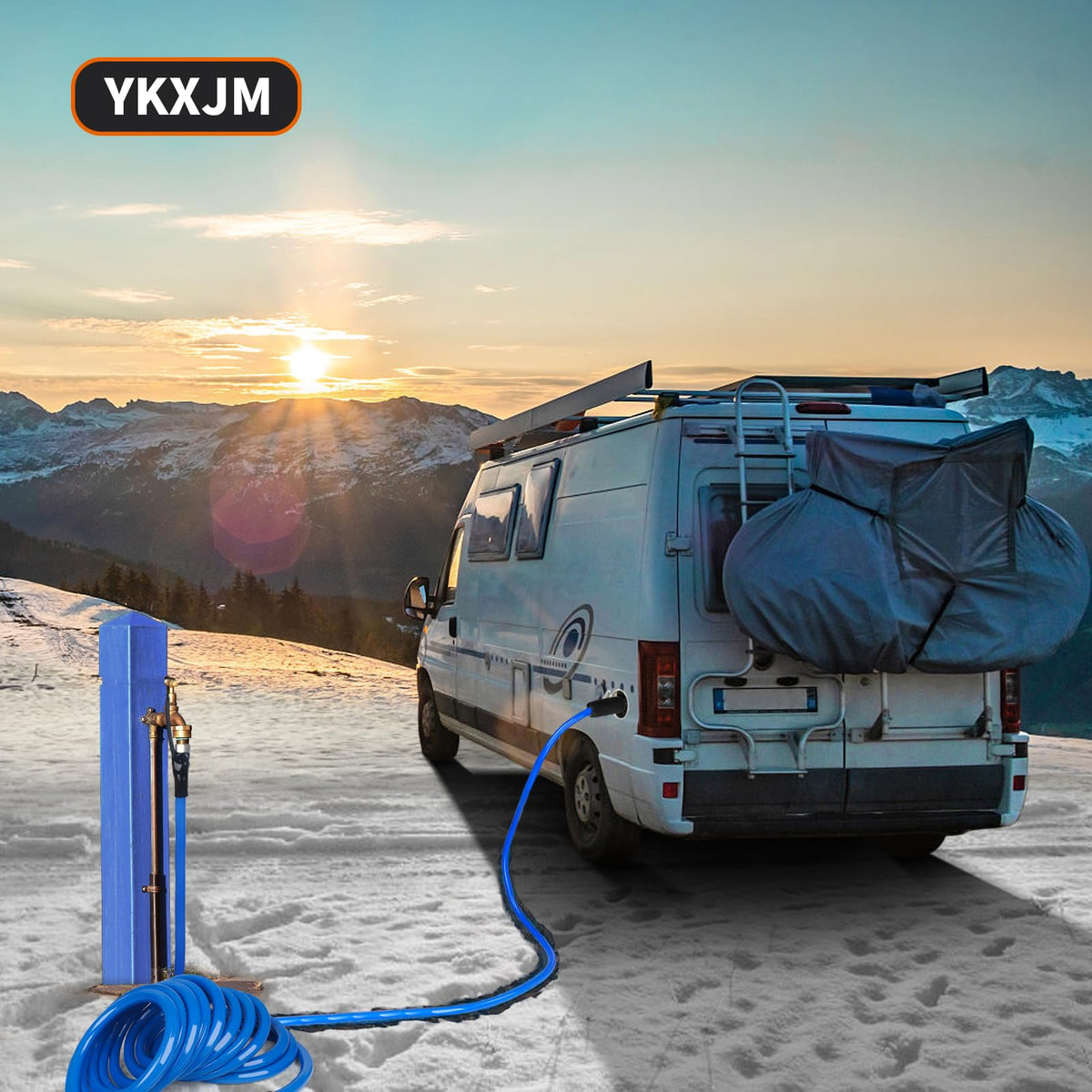 YKXJM hose on snowy campsite showing reliable cold-weather performance