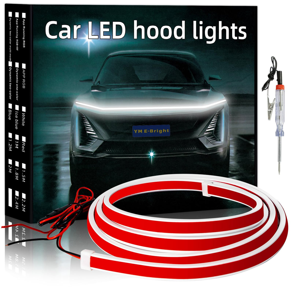 YM E-Bright front view of 79in hood strip kit showing contents and fit benefit