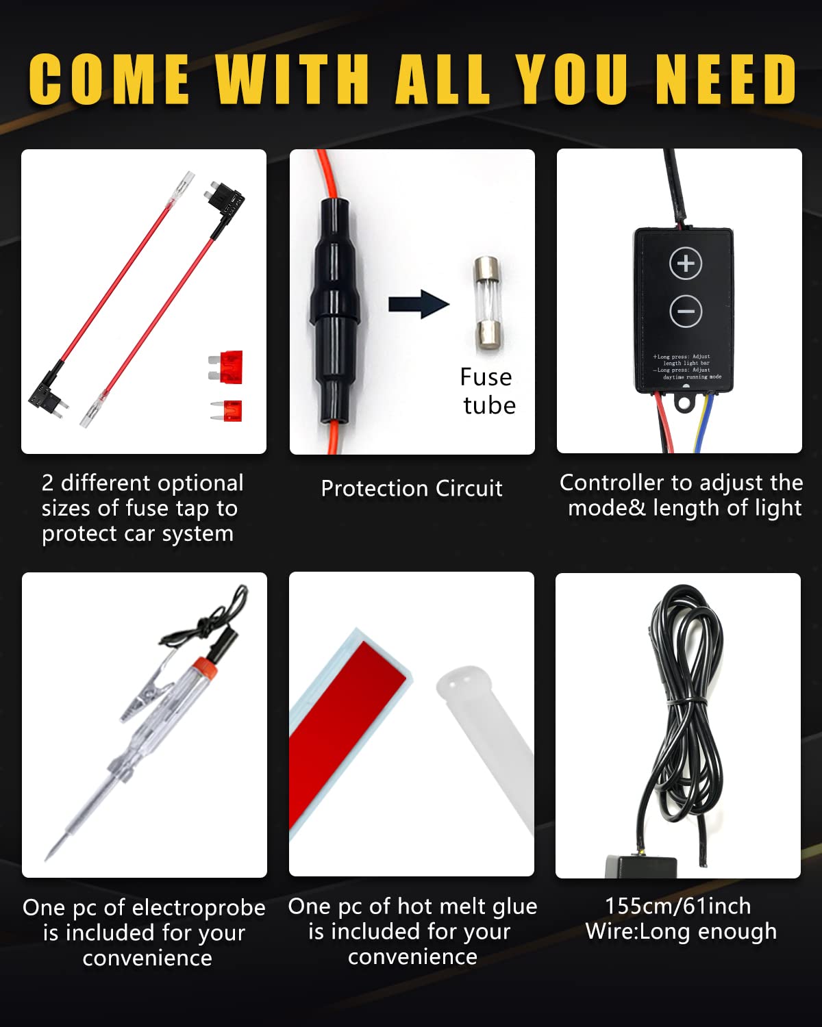 YM E-Bright fuse-tap adapters and tools laid out for easier installation benefit