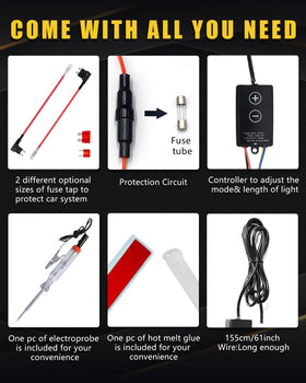YM E-Bright fuse-tap adapters and tools laid out for easier installation benefit