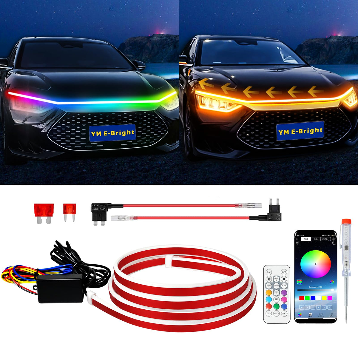 YM E-Bright front view of 79-inch hood strip showing full-length RGB illumination and crisp finish