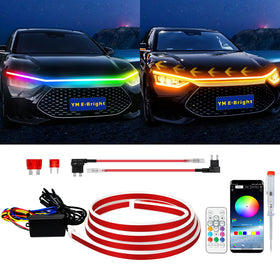 YM E-Bright front view of 79-inch hood strip showing full-length RGB illumination and crisp finish