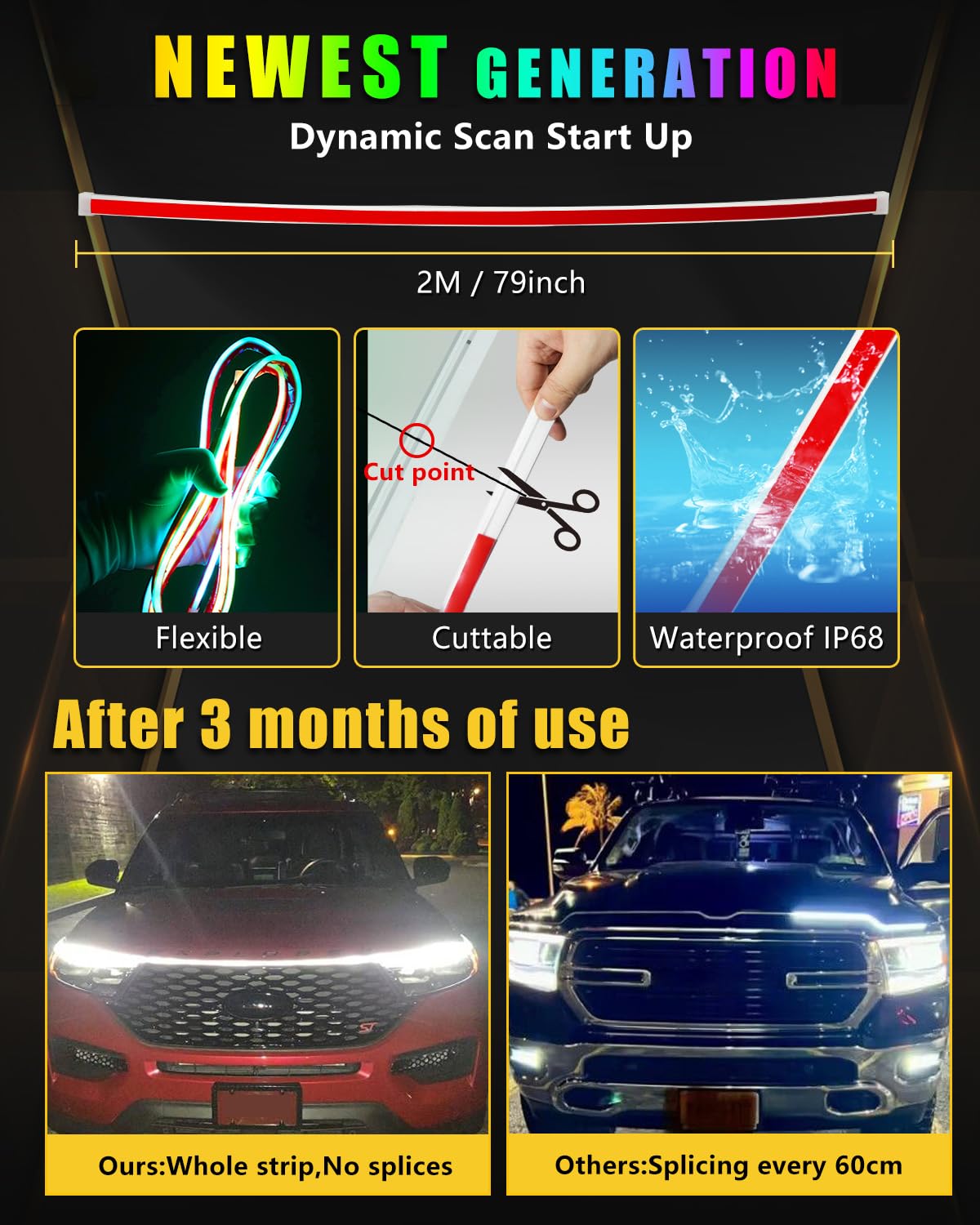 YM E-Bright installed along a car hood gap demonstrating dynamic scan and steady lighting
