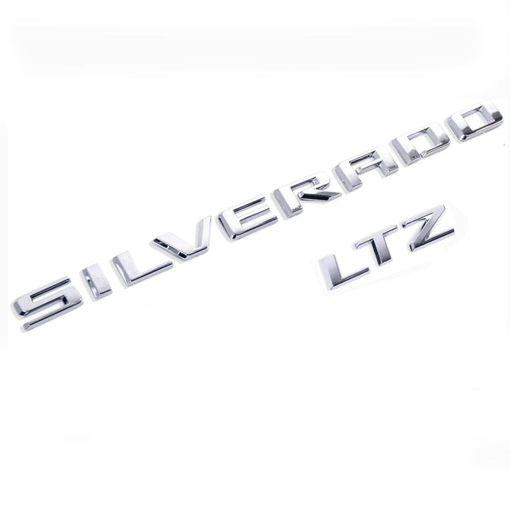 Yoaoo Silverado and LTZ badges front view showing glossy chrome branding and factory look