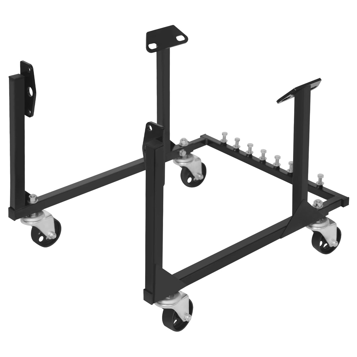 YOLANDO front view cradle stand showing secure engine support and workshop mobility