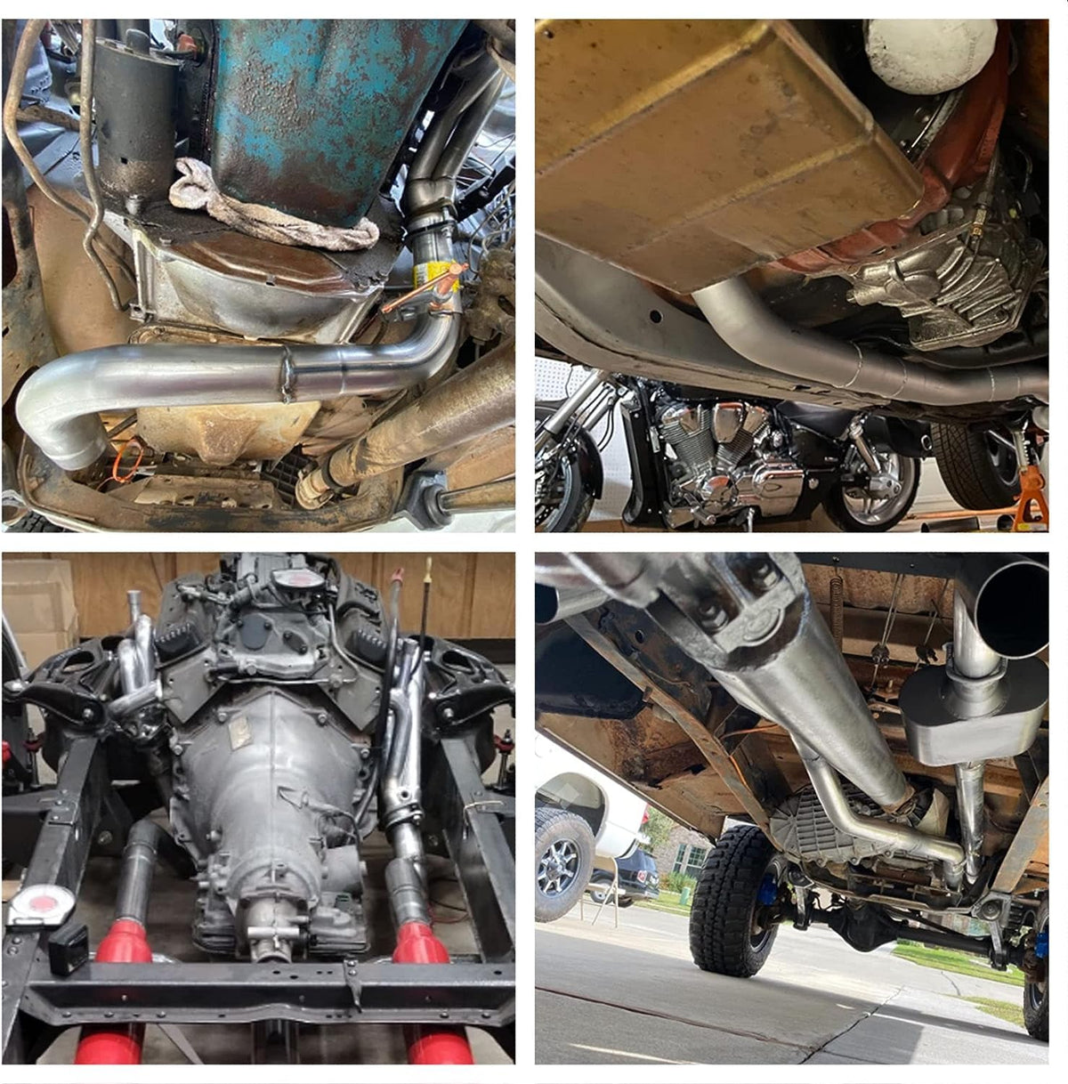 YOLANDO installed exhaust in garage showing kit adaptability and fitted appearance