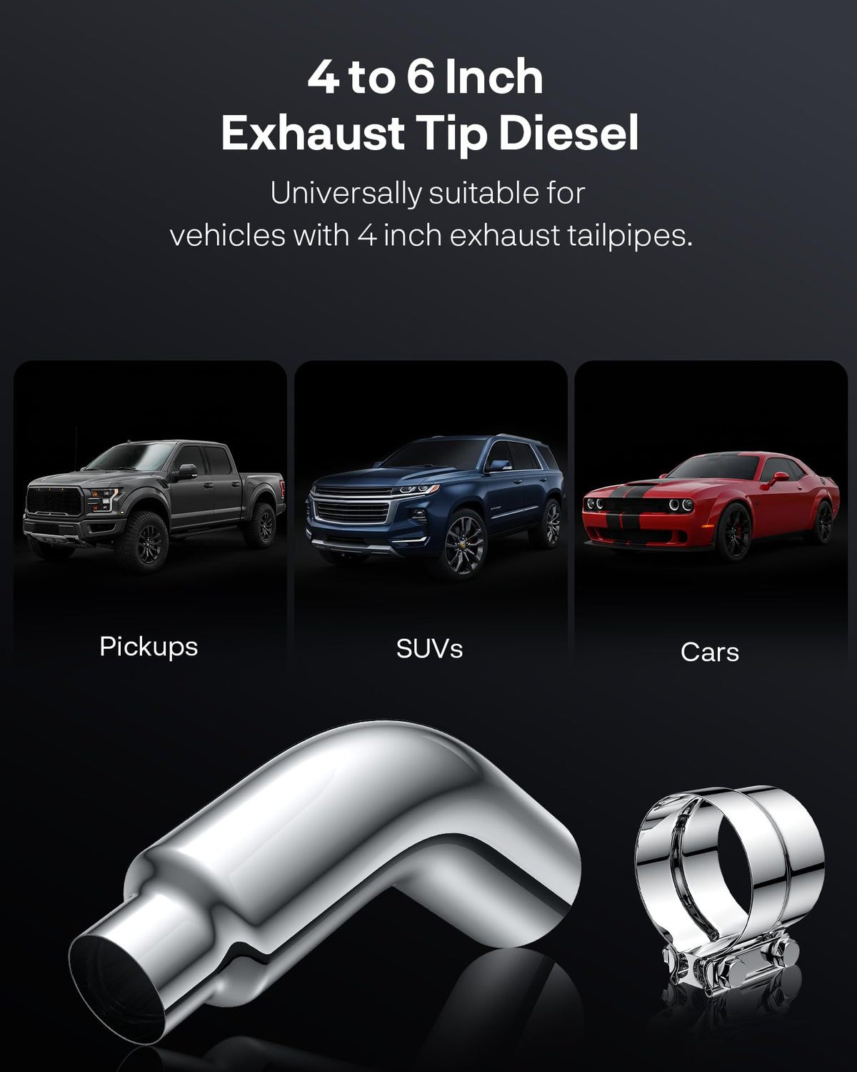YOLANDO elbow installed on pickup truck showing improved exhaust routing benefit