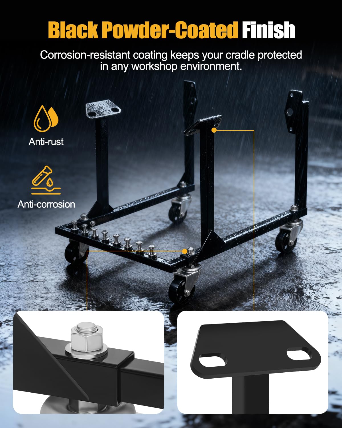 YOLANDO cradle with toolbox size comparison showing compact workshop footprint