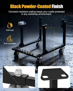 YOLANDO cradle with toolbox size comparison showing compact workshop footprint