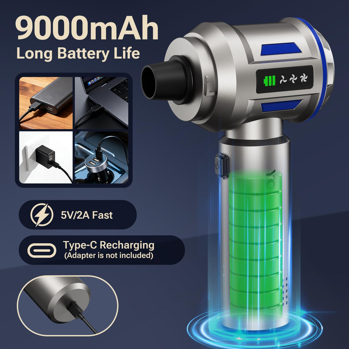 Yomile battery and USB-C port close-up showing fast-charge convenience