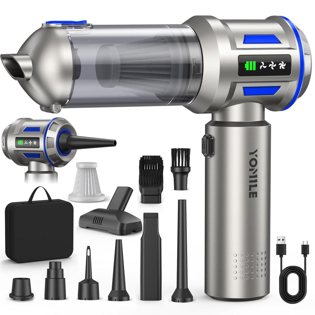 Yomile front view showing compact handheld vacuum and ergonomic grip for easy cleaning