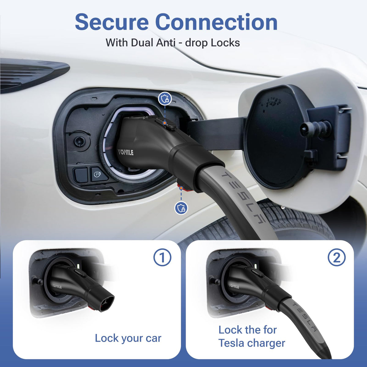Yomile adapter connected to Tesla Mobile Connector showing convenient charging