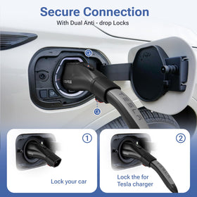 Yomile adapter connected to Tesla Mobile Connector showing convenient charging