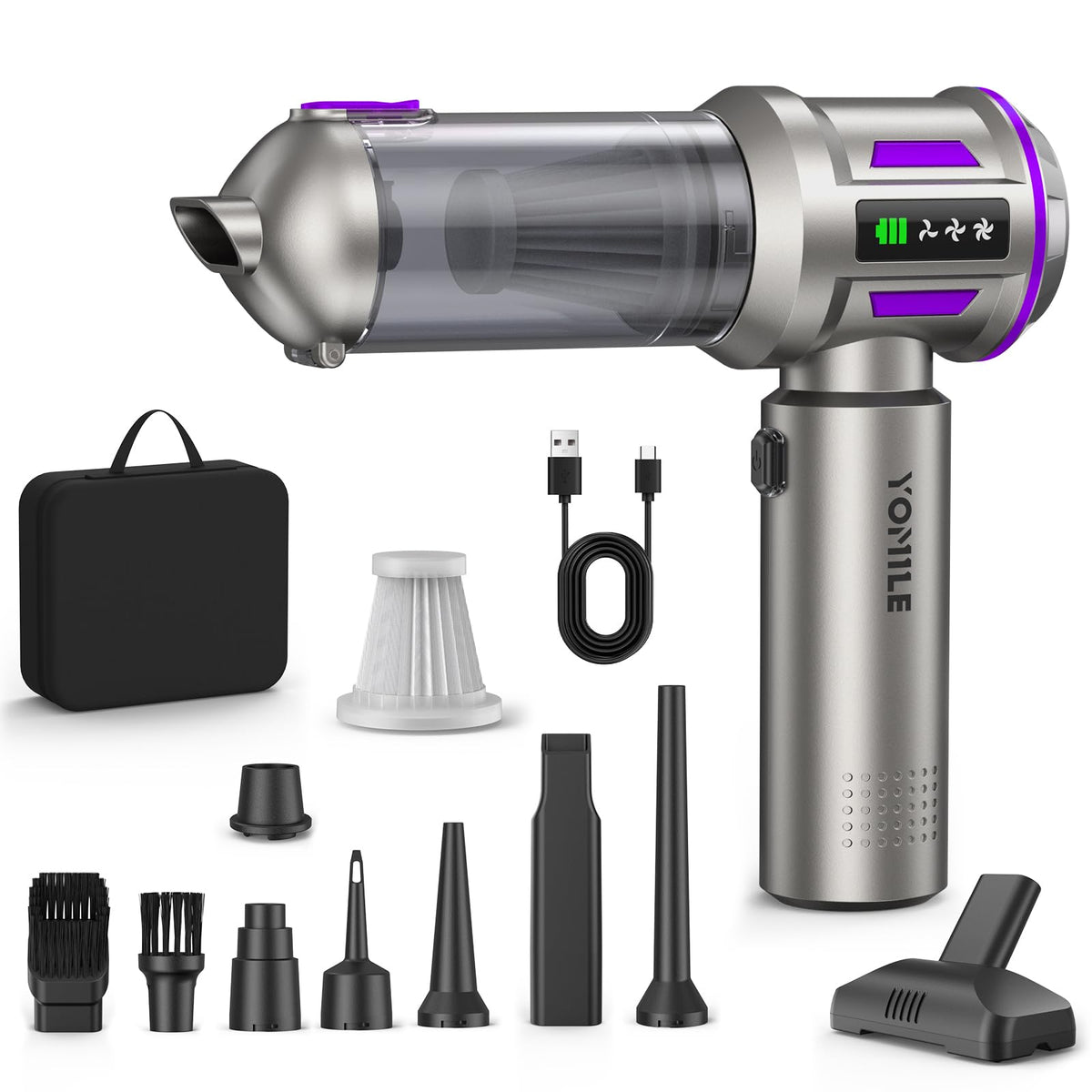 Yomile front view showing compact handheld design and controls, easy portability