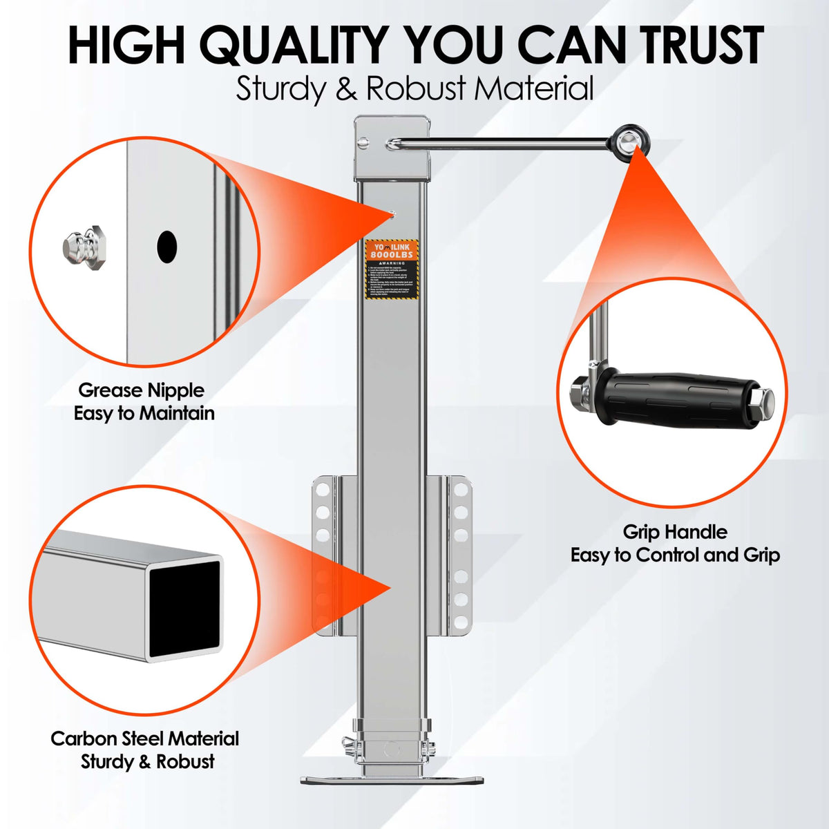 YOMILINK jack installed on trailer demonstrating secure hitching benefit