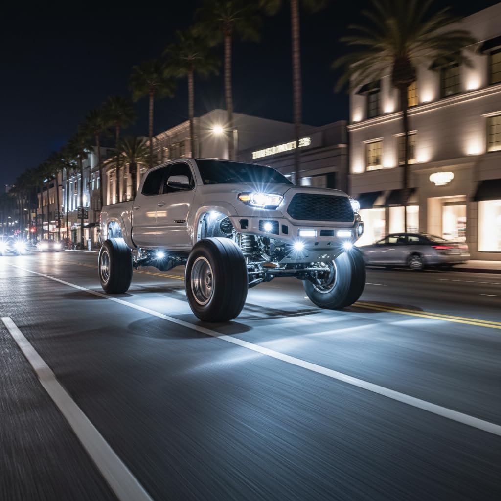YONEDA installed underbody glow on a truck at night, enhancing safety
