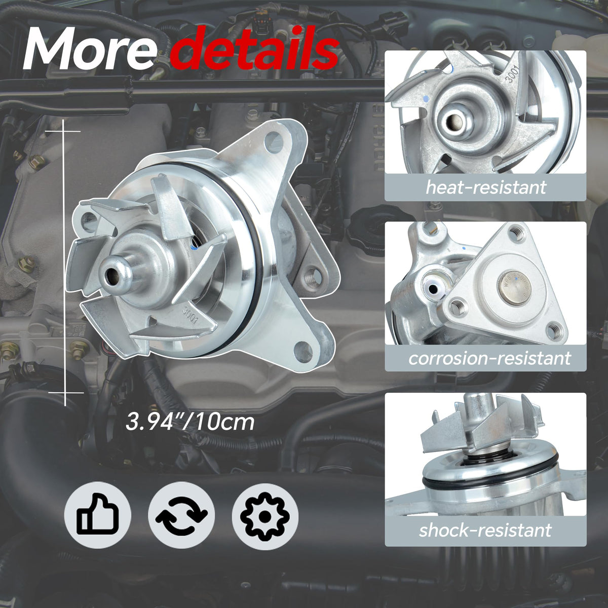 Yongtoparts pump installed on engine illustrating direct-fit replacement benefit