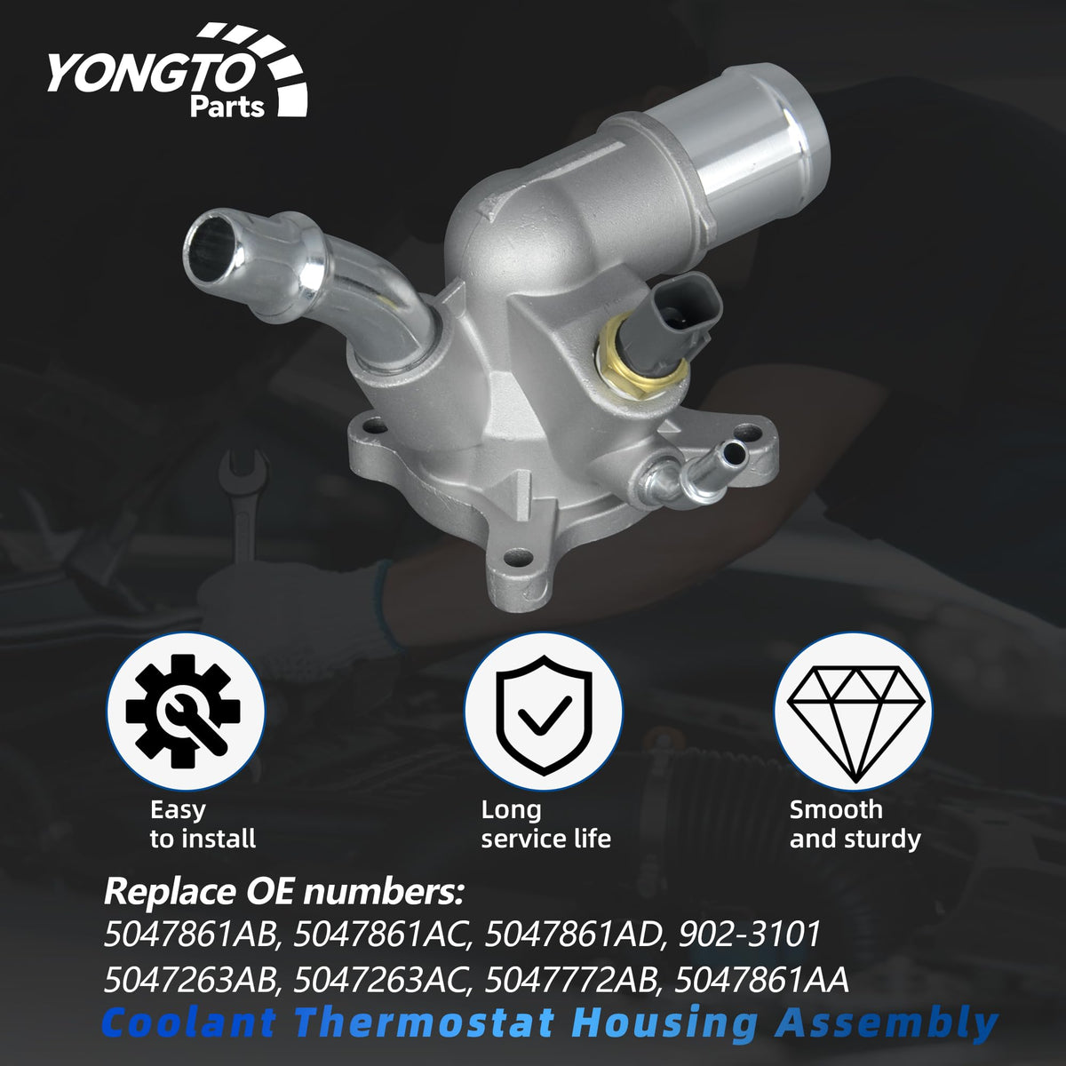 Yongtoparts thermostat housing rear with hose ports highlighting secure connections