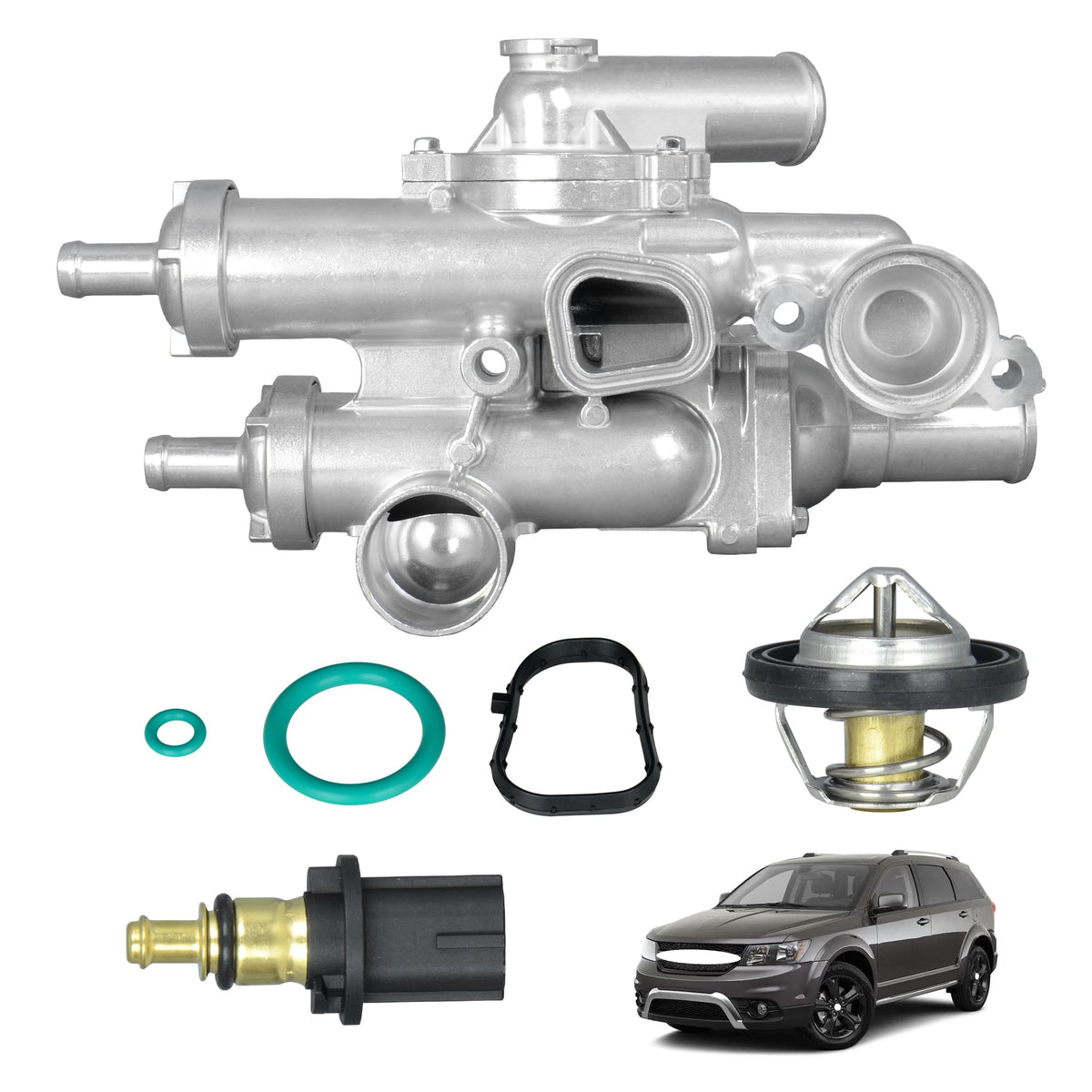 Yongtoparts thermostat housing front view showing fitment and durable aluminium finish benefit