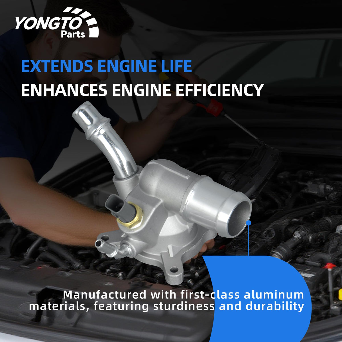 Yongtoparts thermostat housing with gasket and hardware showing ready-for-install benefit
