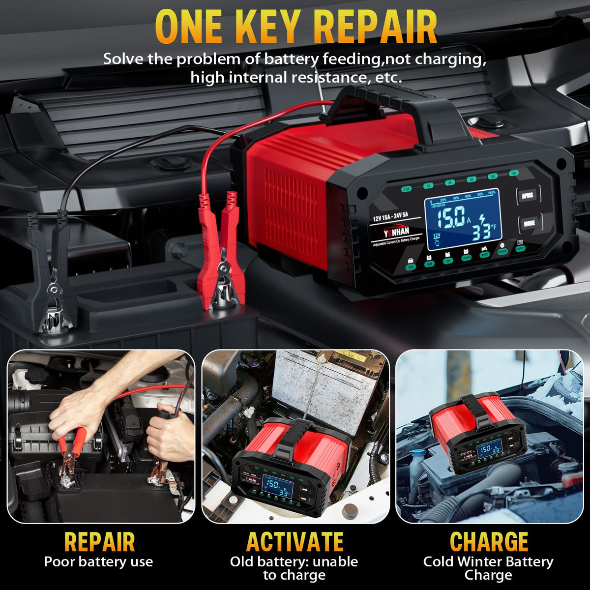 YONHAN attached to a car battery demonstrating safe charging and vehicle compatibility