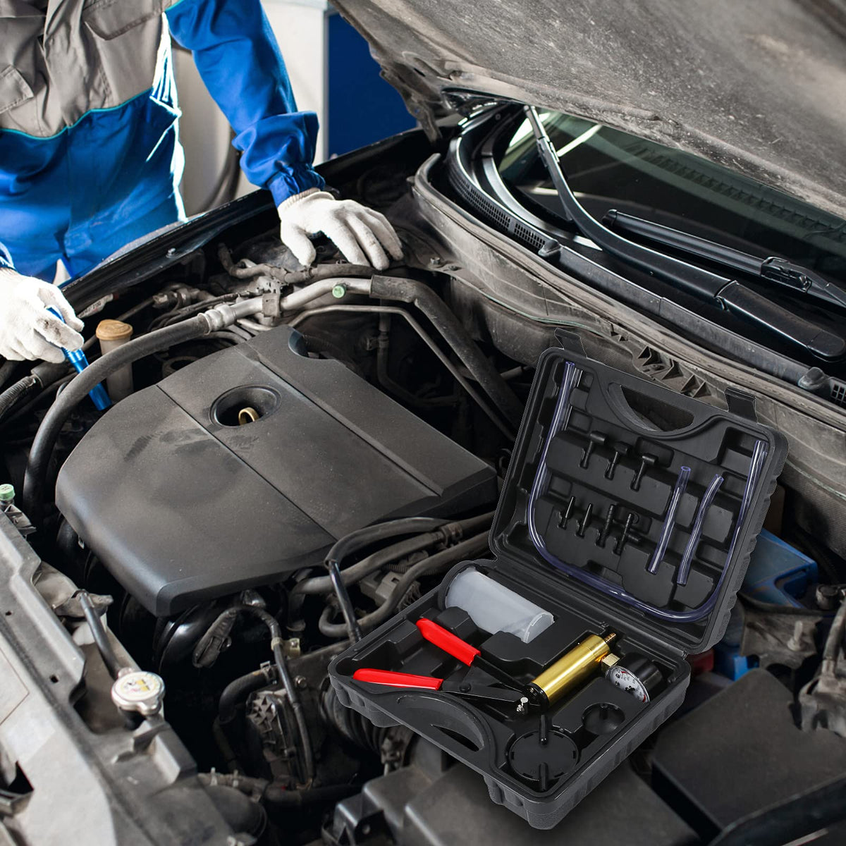 Yonligonju in use bleeding car brake showing single-person operation and clean fluid removal