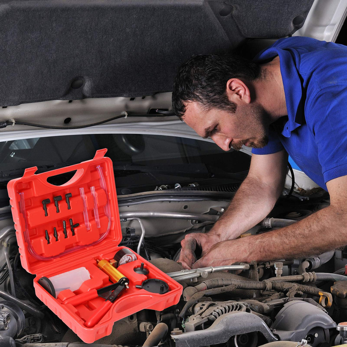Yonligonju pump attached to a vehicle bleed nipple showing one-person bleeding advantage
