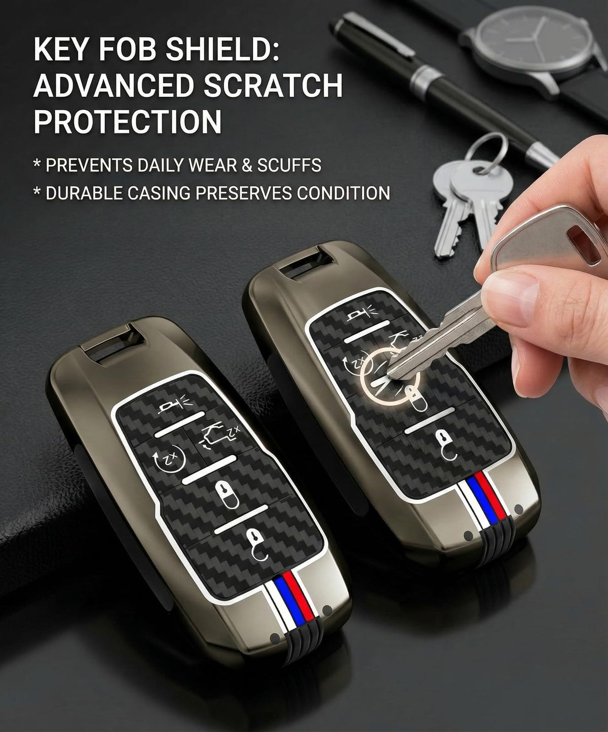 YONUFI installed on a Ram key fob showing perfect button alignment
