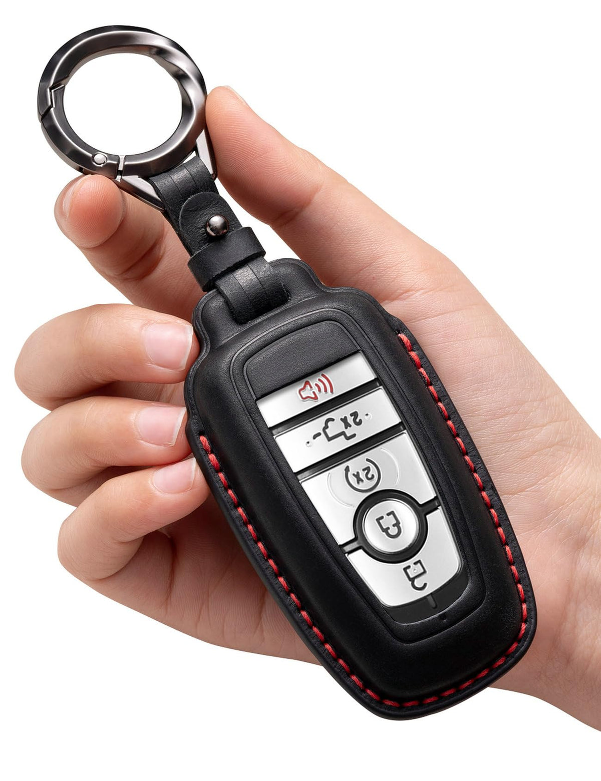 YONUFI front view of black leather key fob cover showing secure fit and protection