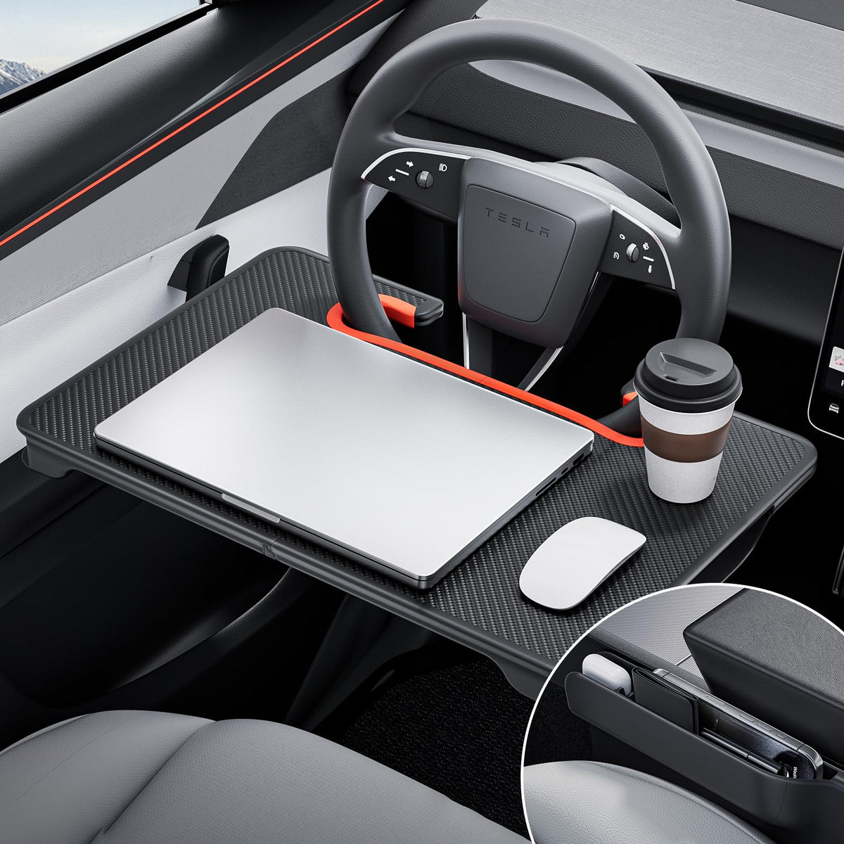 YONZEE front view of tray mounted on steering wheel showing stability