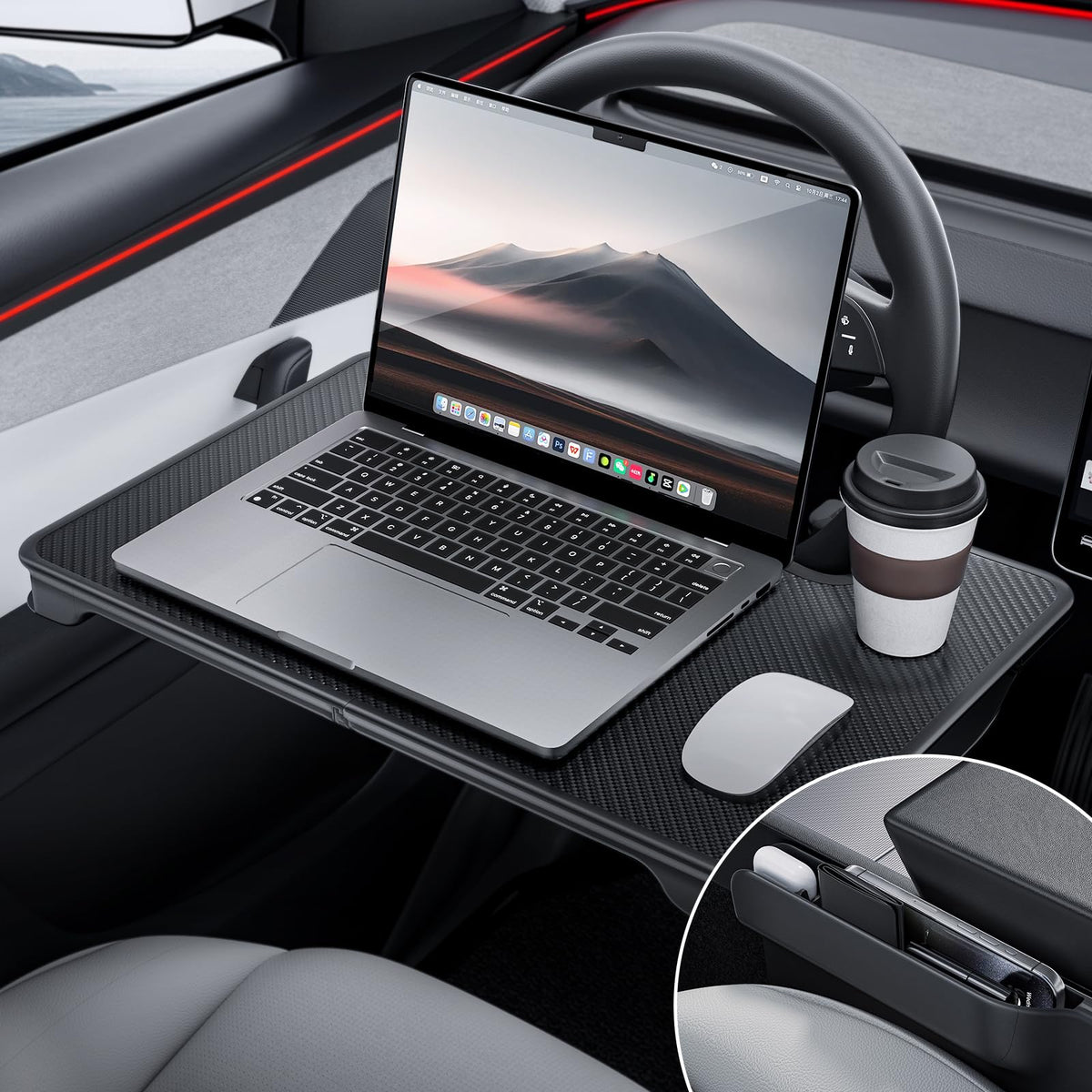 YONZEE steering wheel tray front view showing stable work surface and neat appearance