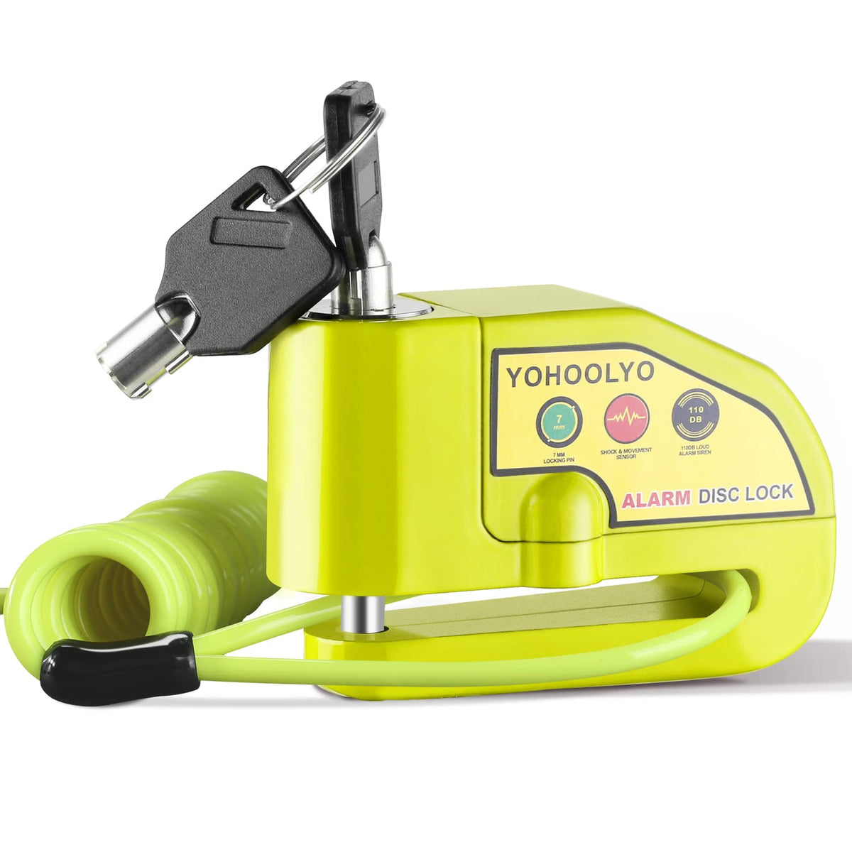 YOHOOLYO front view of alarm disc lock showing durable body and keys for security