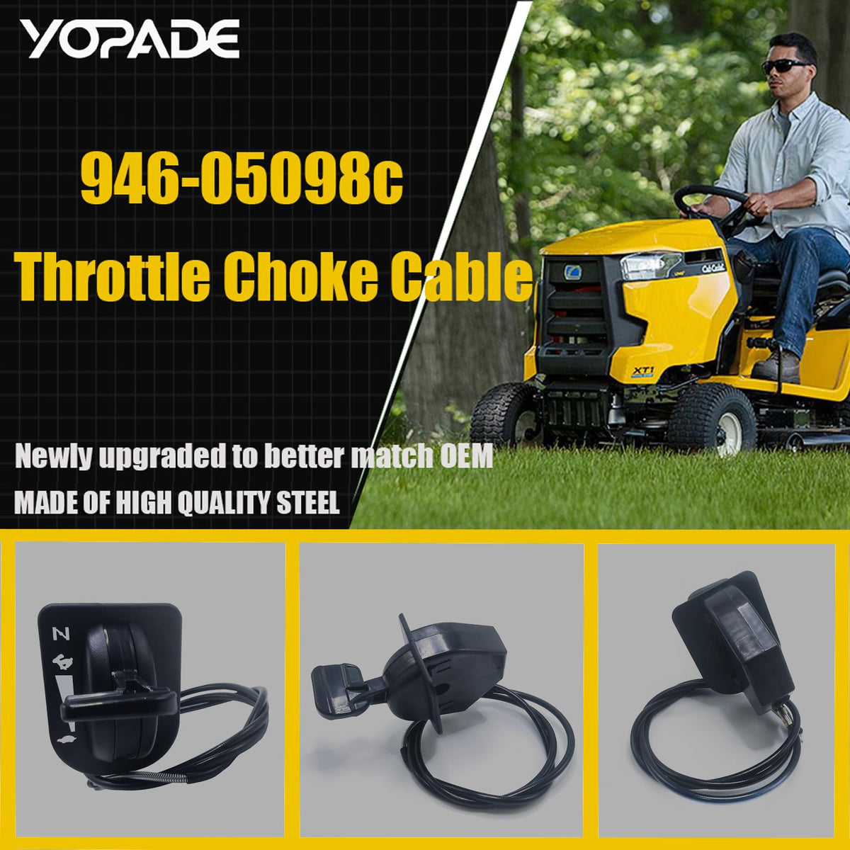 YOPADE throttle cable installed on Cub Cadet tractor demonstrating correct routing and function