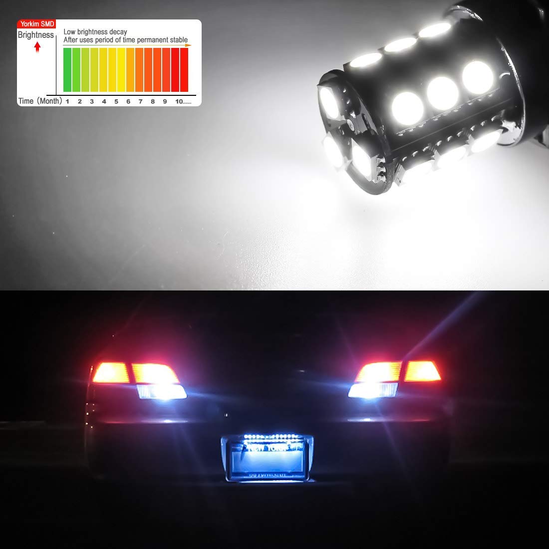 Yorkim brake light comparison versus halogen showing clearer white stop light