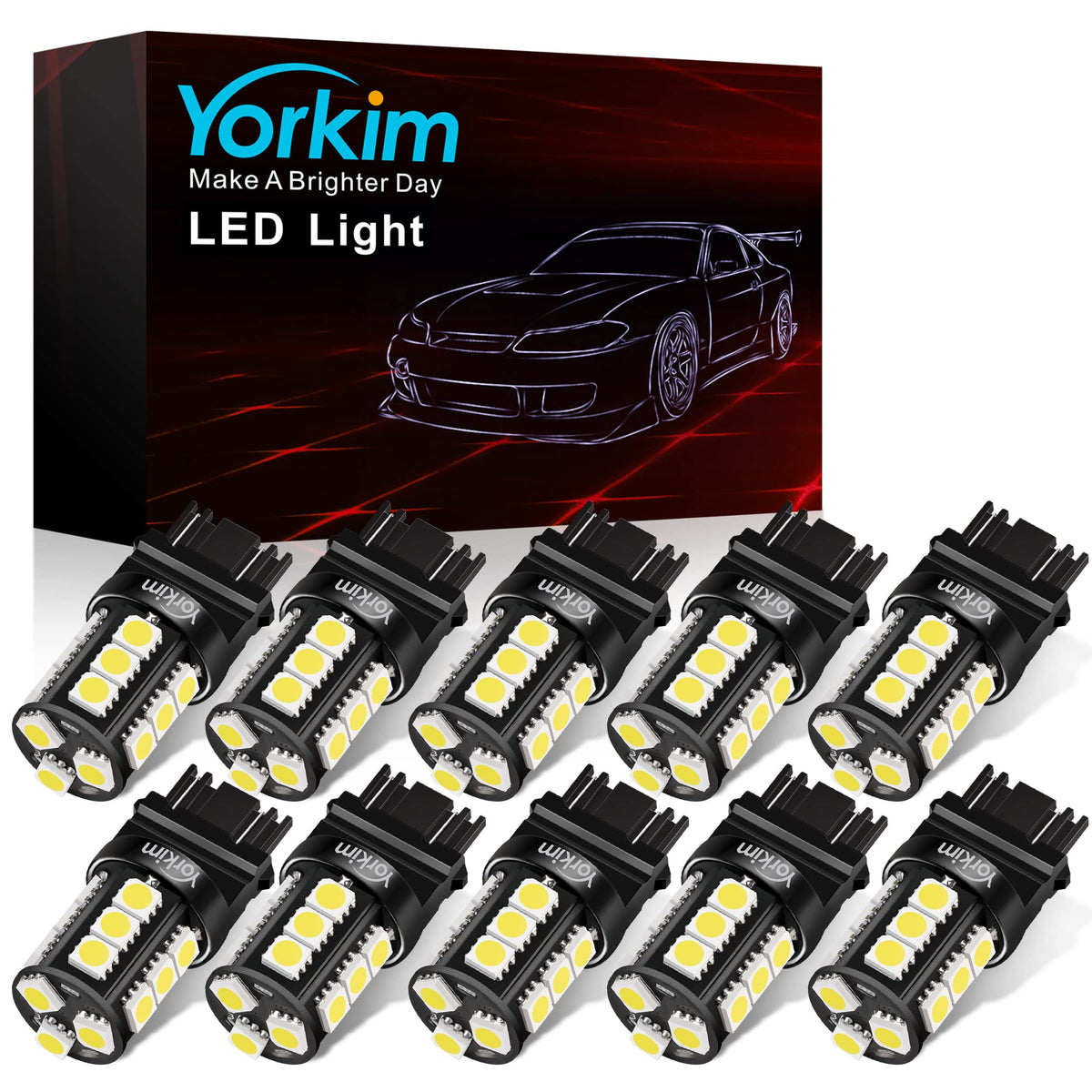 Yorkim front packaging showing pack of ten 3157 bulbs and benefits