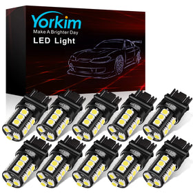 Yorkim front packaging showing pack of ten 3157 bulbs and benefits