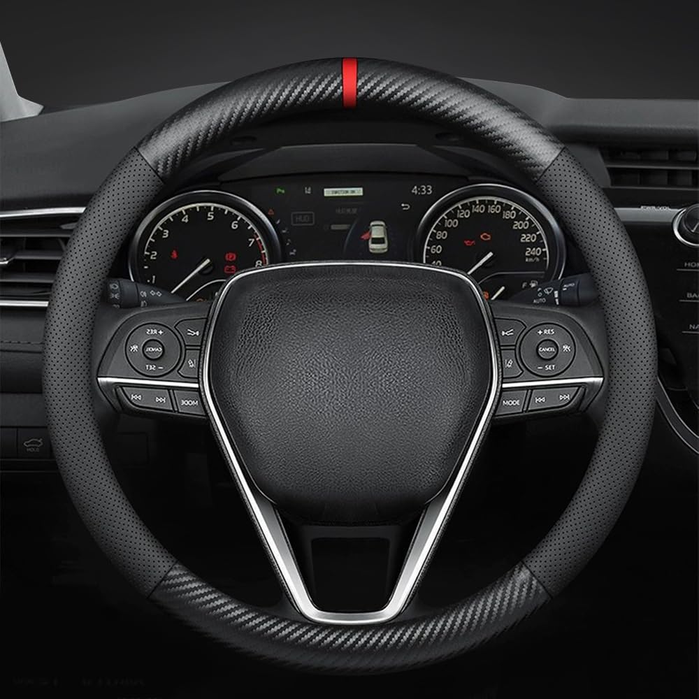 YOUDAXIN steering wheel cover front view showing sleek black finish and fit benefits