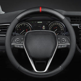 YOUDAXIN steering wheel cover front view showing sleek black finish and fit benefits