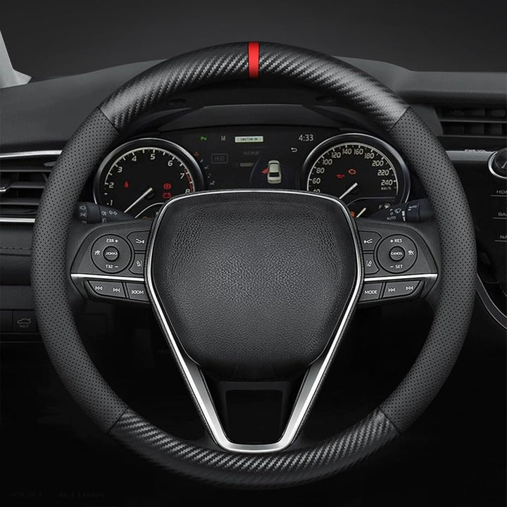 YOUDAXIN steering wheel cover front view showing sleek black finish and fit benefits