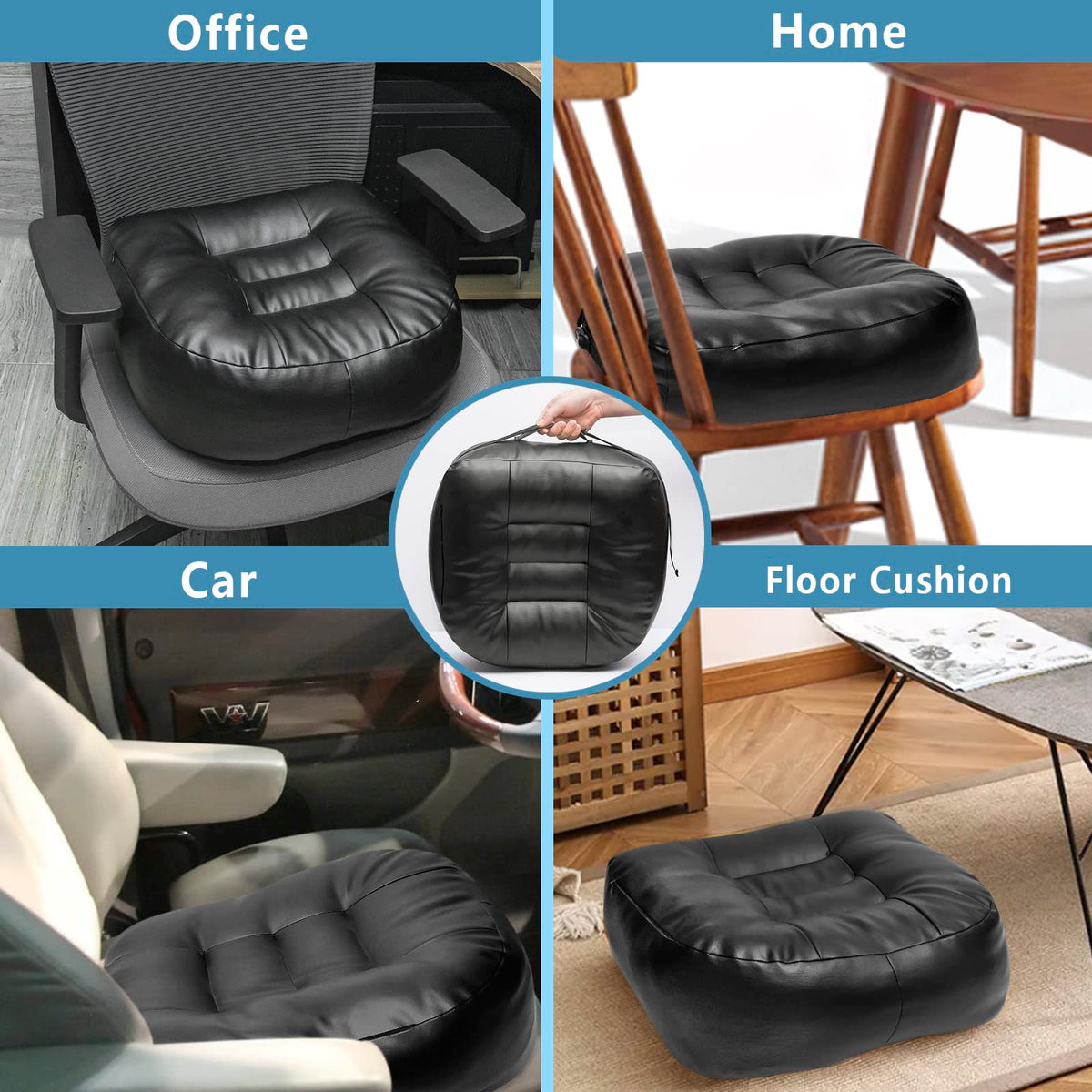 YOUFI next to a standard chair showing scale and how it raises seating height effectively
