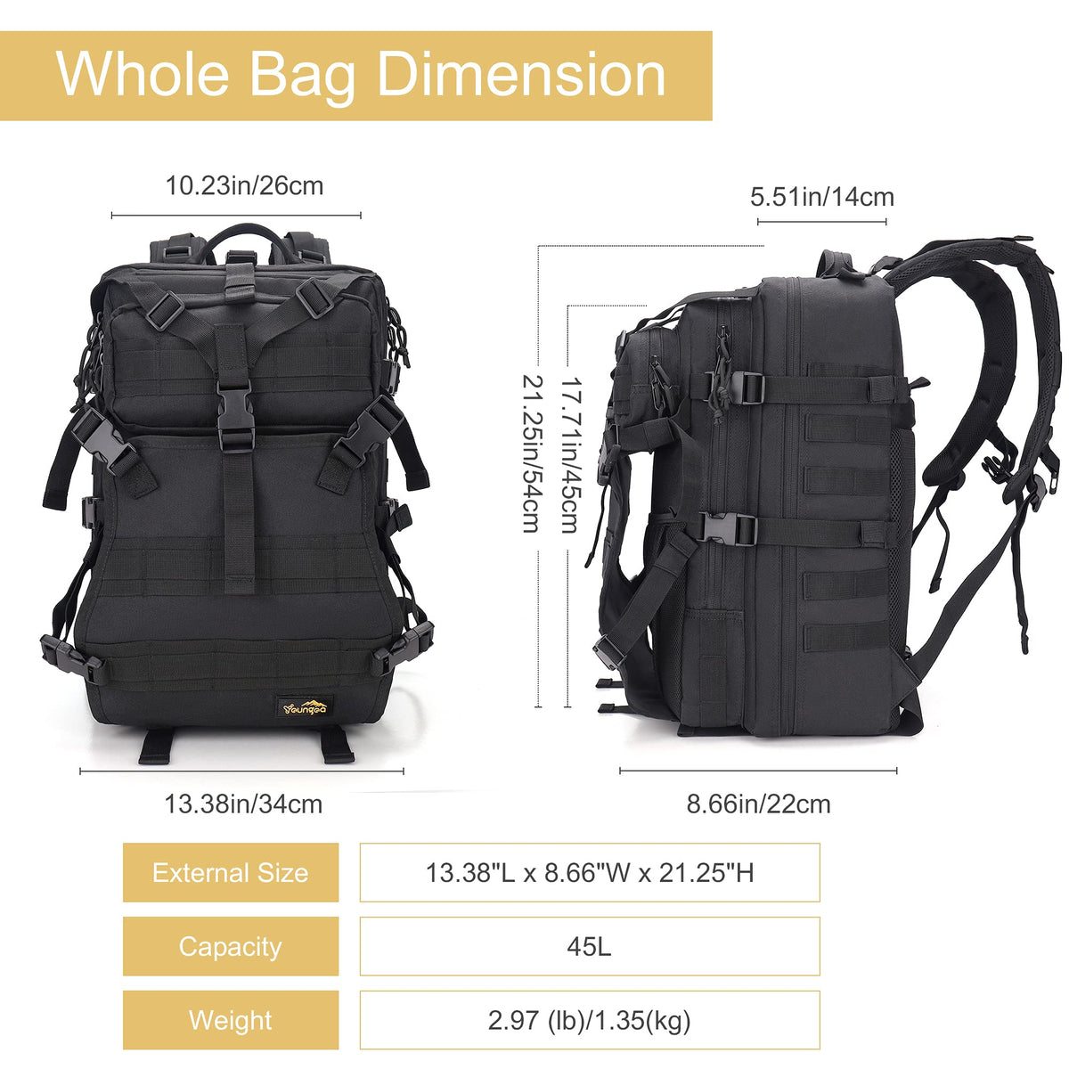 YOUNGOA backpack holding a full-face helmet to demonstrate secure fit