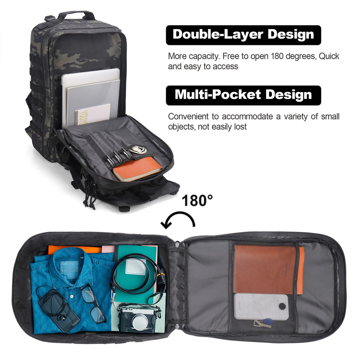 YOUNGOA backpack main compartment open flat to 180 degrees for quick helmet packing