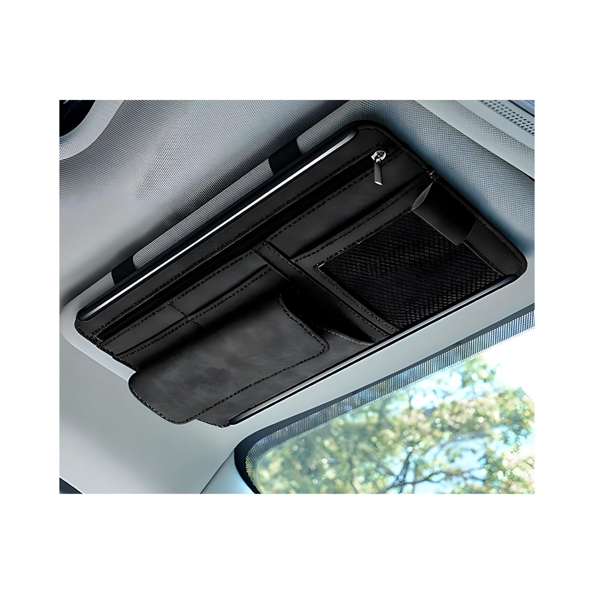 Yourkar front view of visor organizer showing neat storage benefit