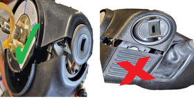 YOUROLDTRUCK close-up of ignition lock cutout on shroud showing precise alignment benefit