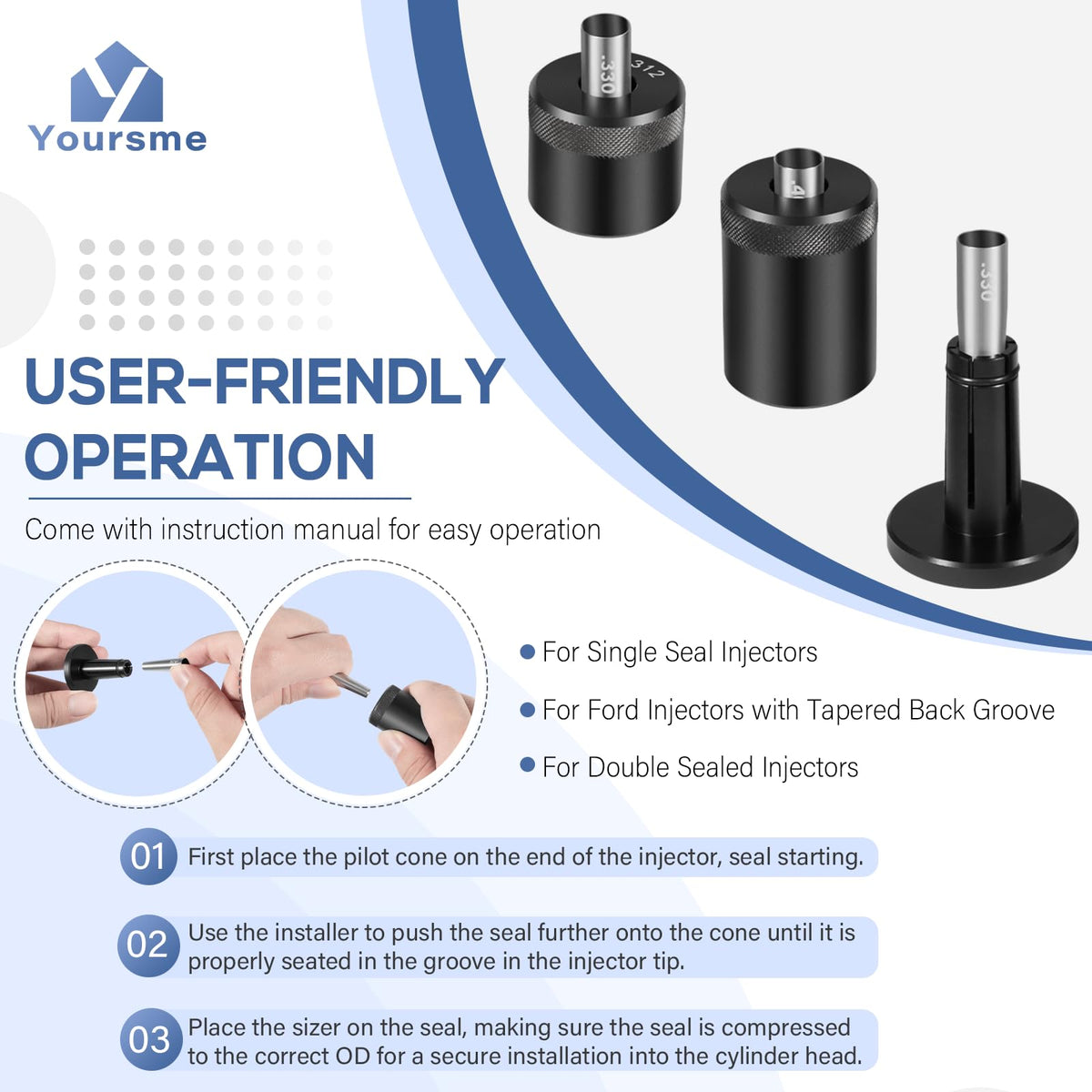 Yoursme resizer selection lined up, enabling precise seal outer diameter control