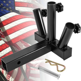 Yoursme front view of hitch mount showing three pole sockets for secure display